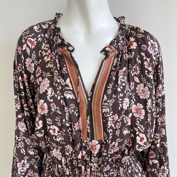 Current Air Long Sleeve Satin Pleated Boho Dress Brown Floral M Cottage Chic - Picture 2 of 14